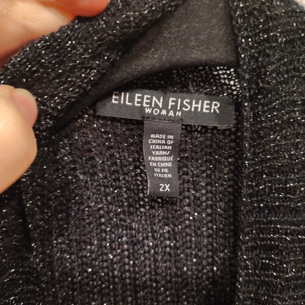 Eileen Fisher Black & Silver Wool Blend Waterfall Front Long Cardigan Sweater 2X - Picture 3 of 8